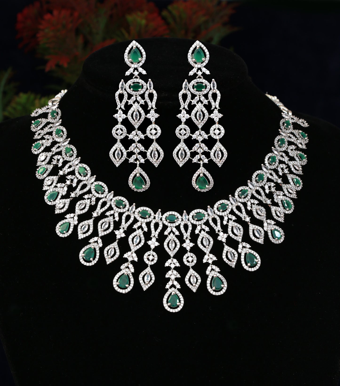 Silver Polish Emerald Green American Diamond Designer Necklace earring set | indian wedding jewellery designs | Trending choker Necklace