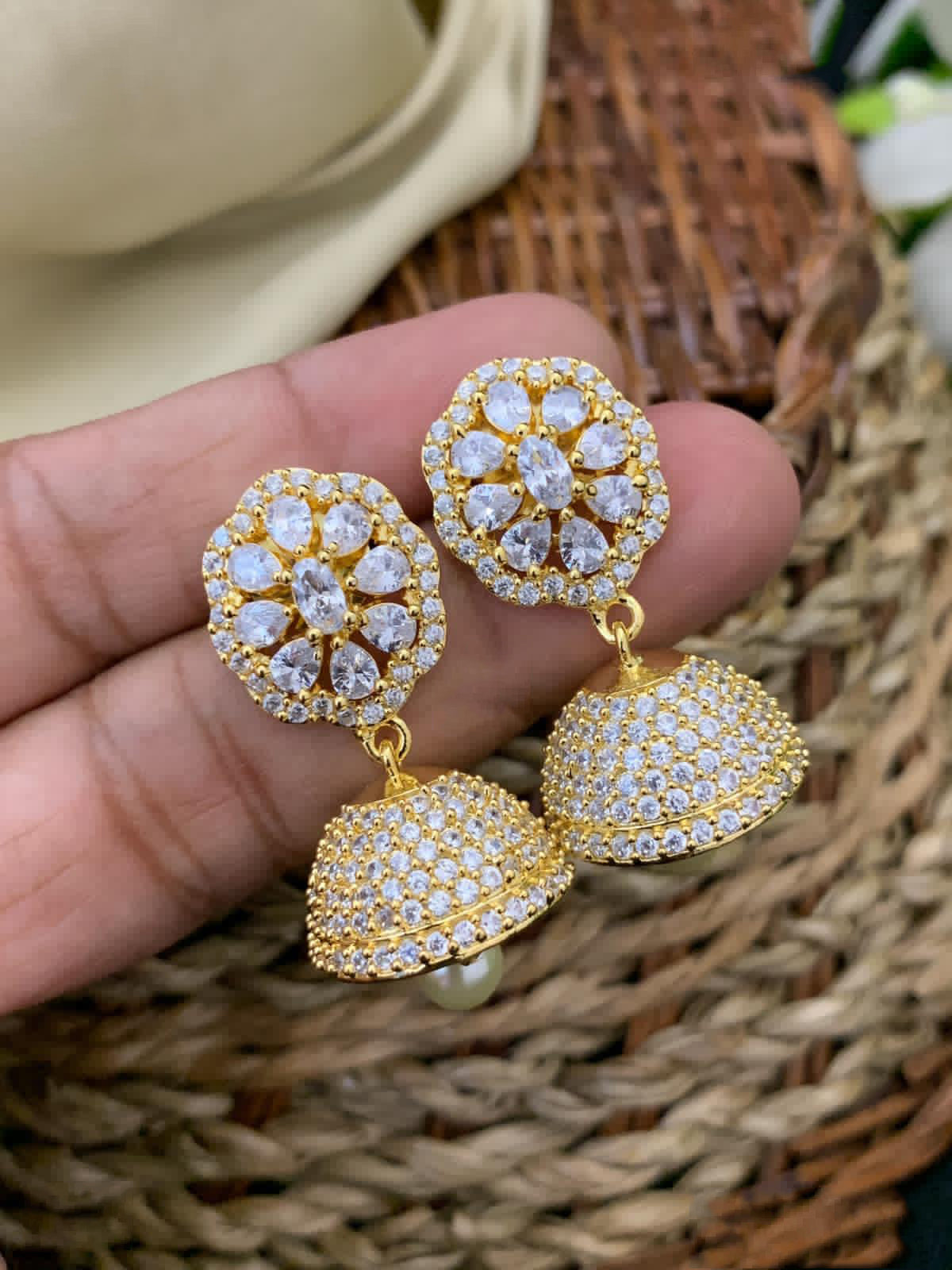 Latest Small AD Jhumka earrings gold Designs | American diamond Jhumka earrings | South Indian Jhumka designs in gold | Bollywood earrings