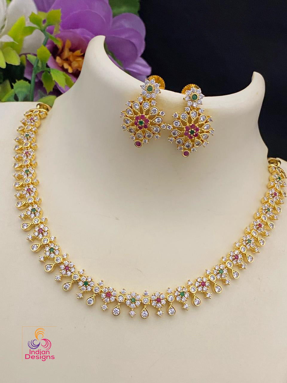 Gold Polish CZ crystal American diamond Floral choker Necklace Earring Set