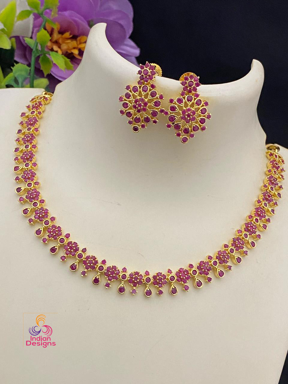 Gold Polish CZ crystal American diamond Floral choker Necklace Earring Set