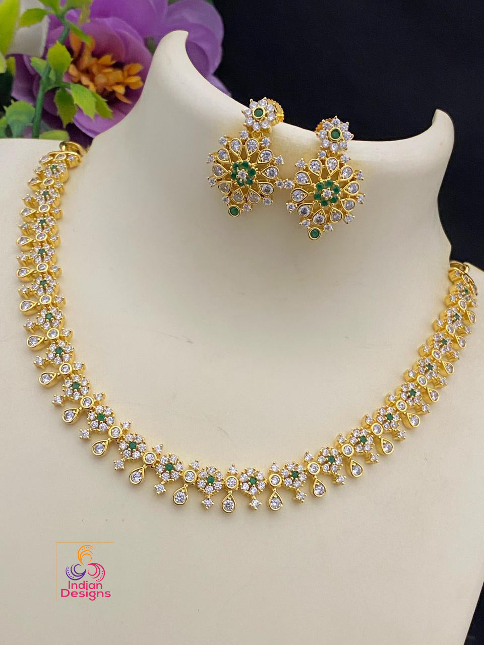 Gold Polish CZ crystal American diamond Floral choker Necklace Earring Set