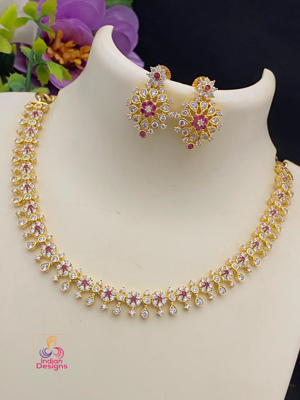 Gold Polish CZ crystal American diamond Floral choker Necklace Earring Set