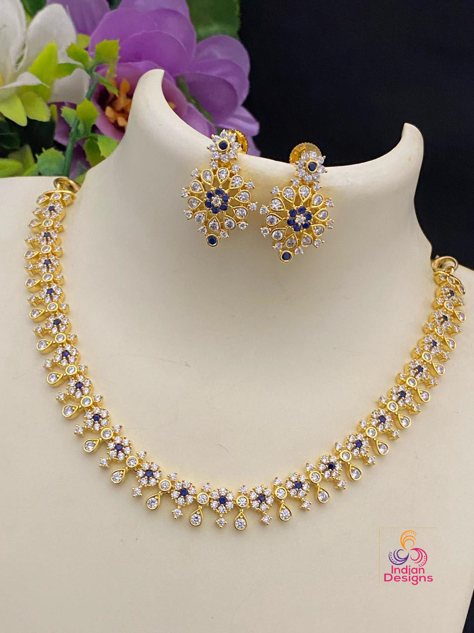 Gold Polish CZ crystal American diamond Floral choker Necklace Earring Set