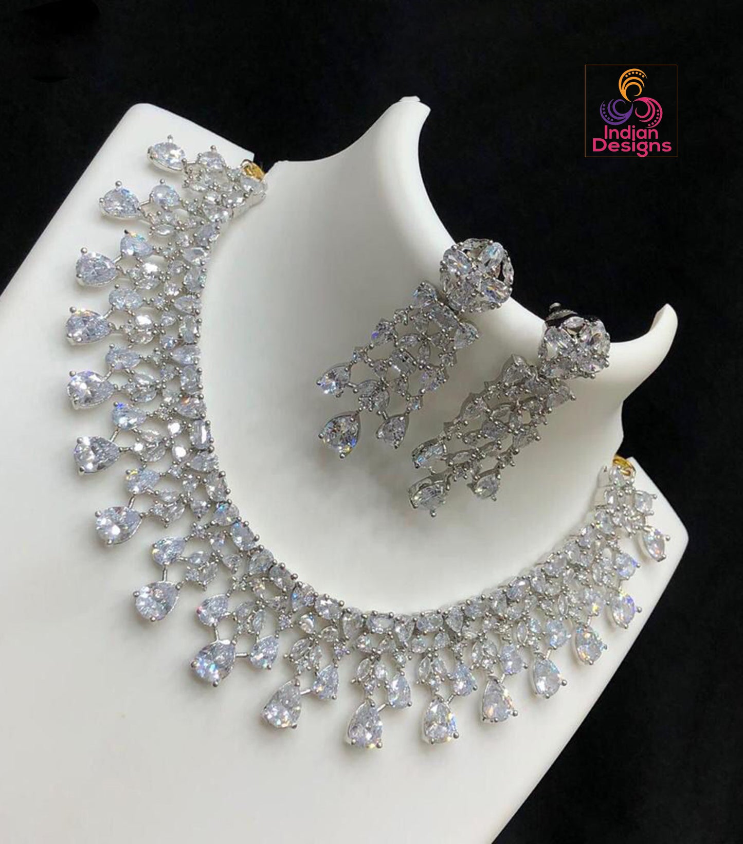 CZ Diamonds Silver Necklace Earrings Set | Pink Bridal Necklace Indian Jewelry Set | Statement Choker set Crystal Jewelry | Indian designs