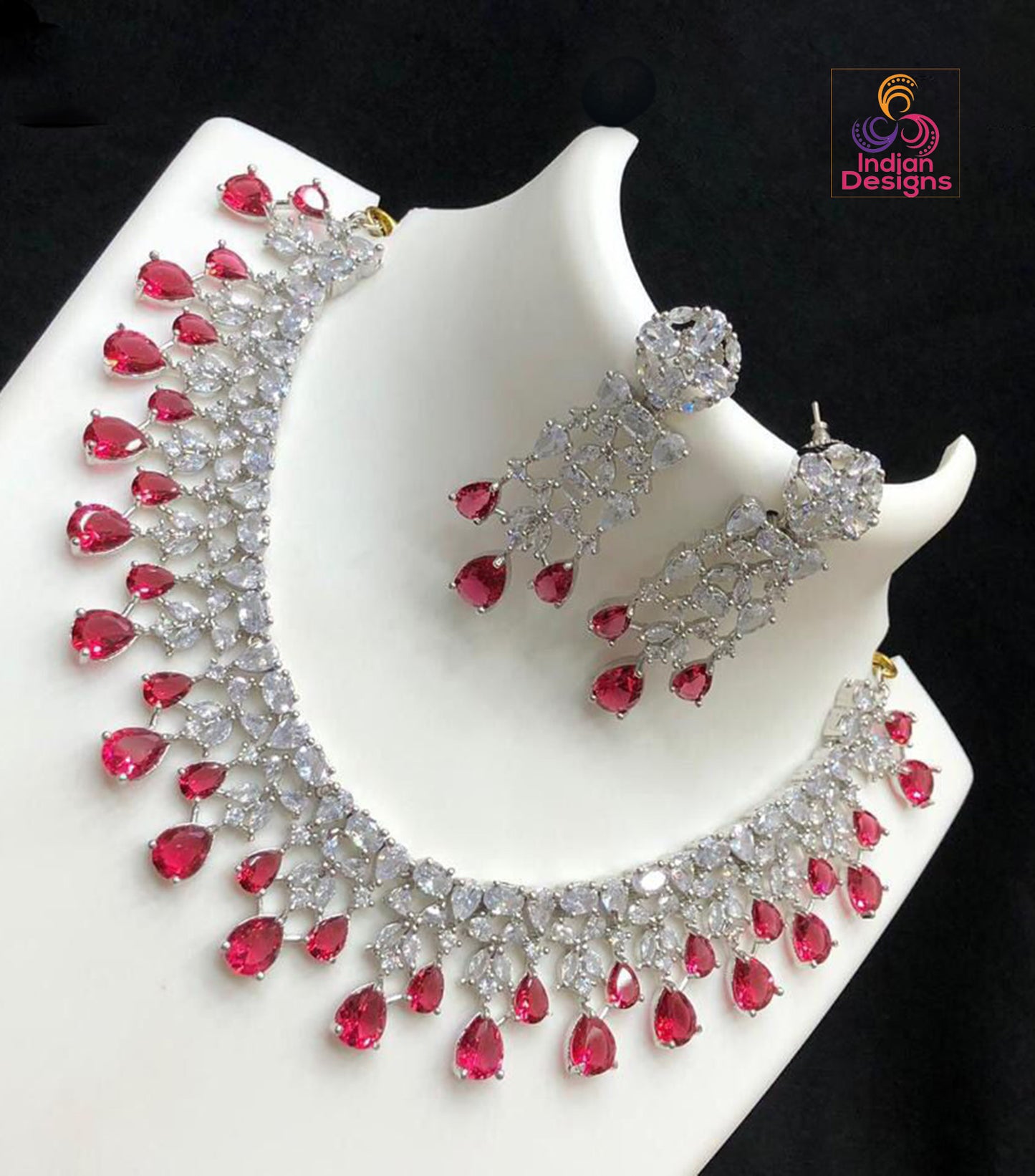 CZ Diamonds Silver Necklace Earrings Set | Pink Bridal Necklace Indian Jewelry Set | Statement Choker set Crystal Jewelry | Indian designs