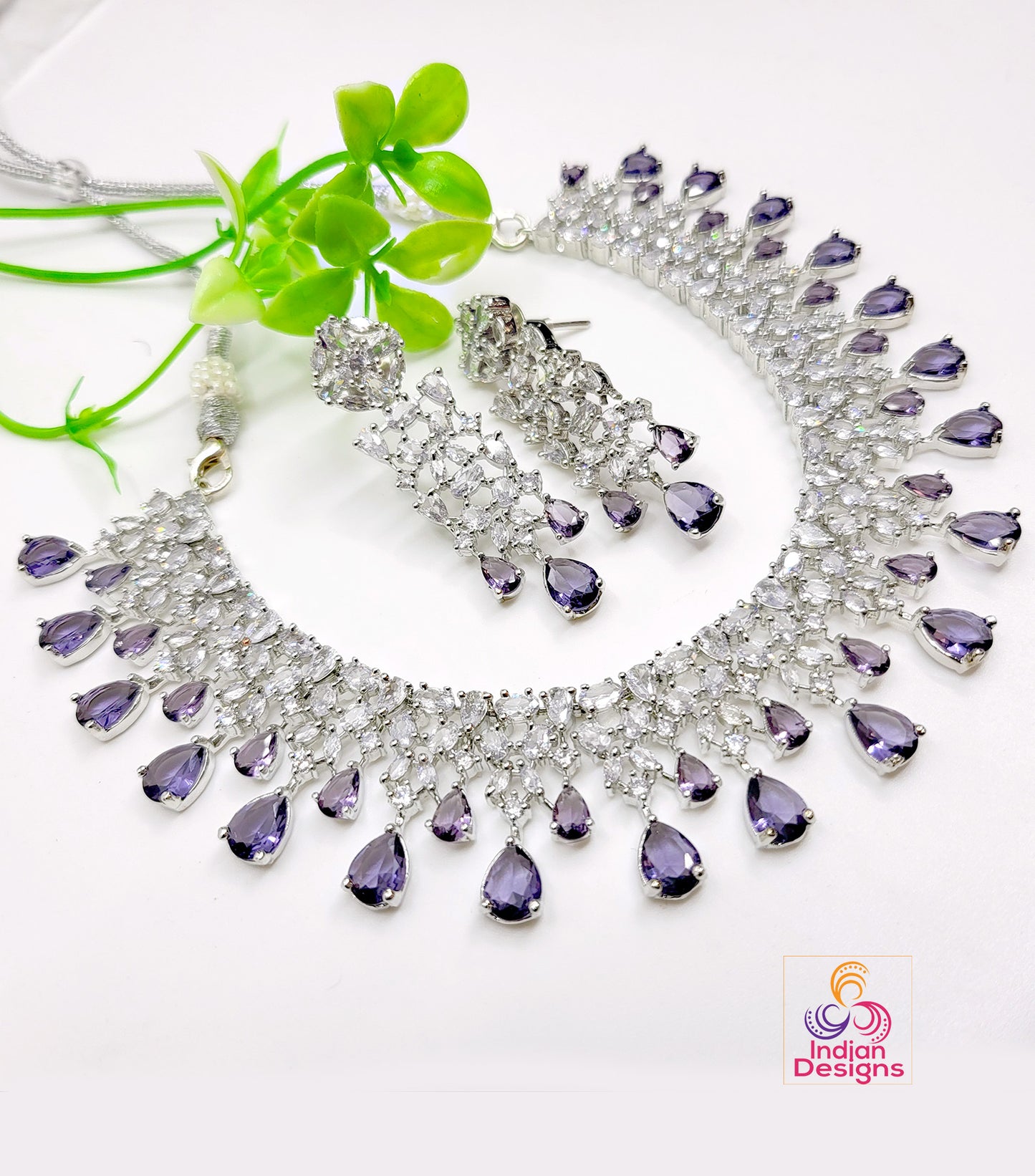 CZ Diamonds Silver Necklace Earrings Set | Pink Bridal Necklace Indian Jewelry Set | Statement Choker set Crystal Jewelry | Indian designs