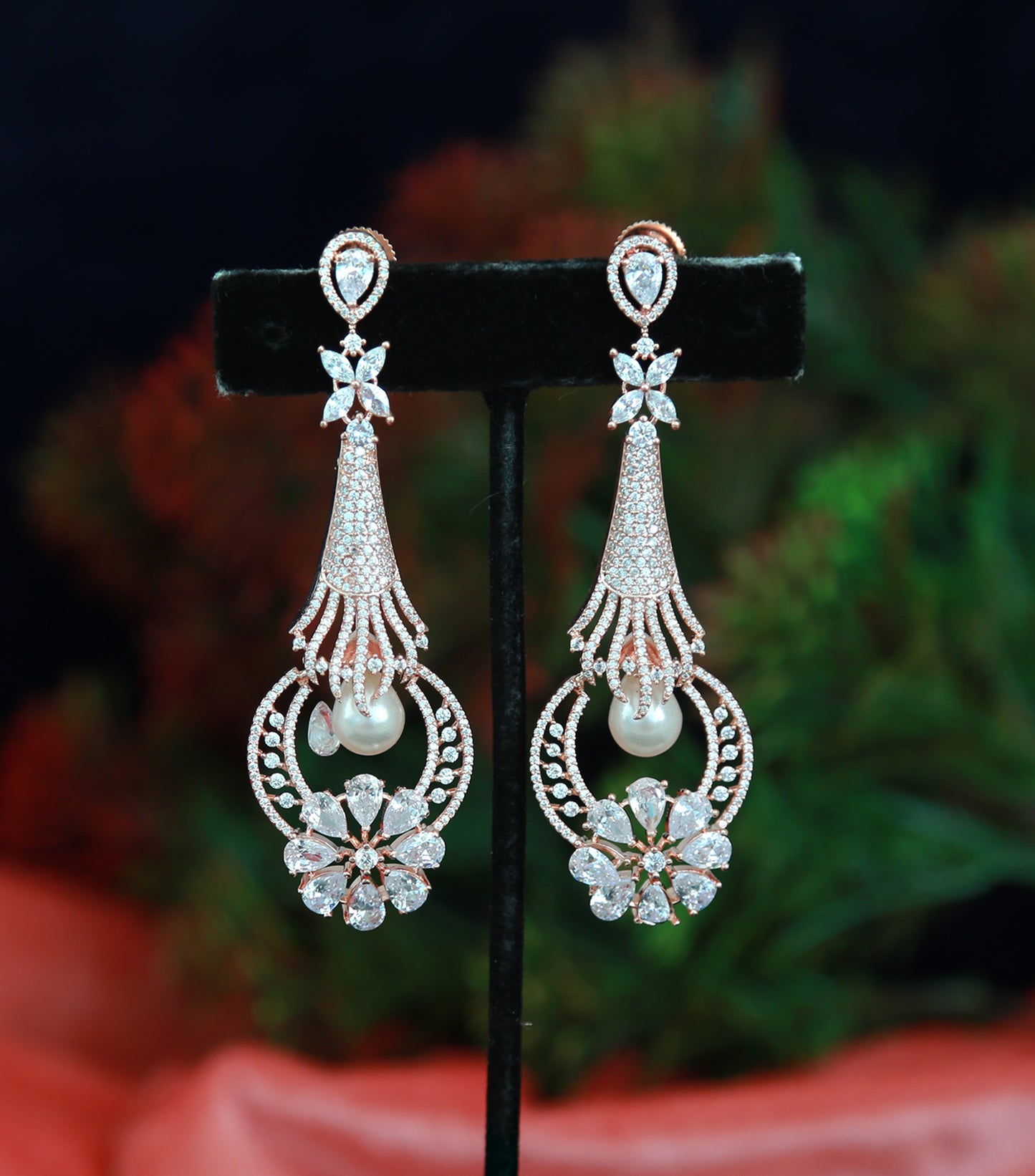 Rose Gold American Diamond Dangle and Drop Earrings | Long CZ Ad Blue stone Chandelier Earrings
