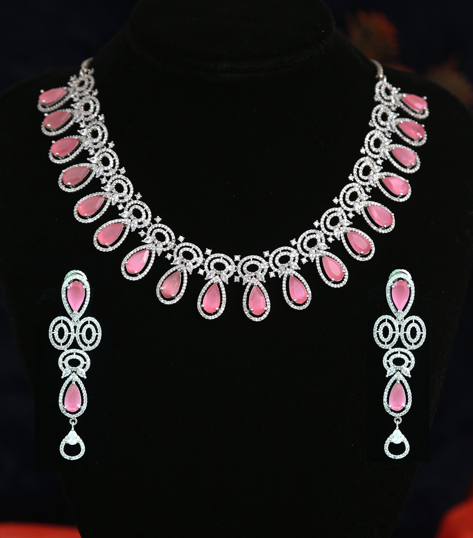 Pear shaped Pink Stone Silver American Diamond Necklace – Indian Designs