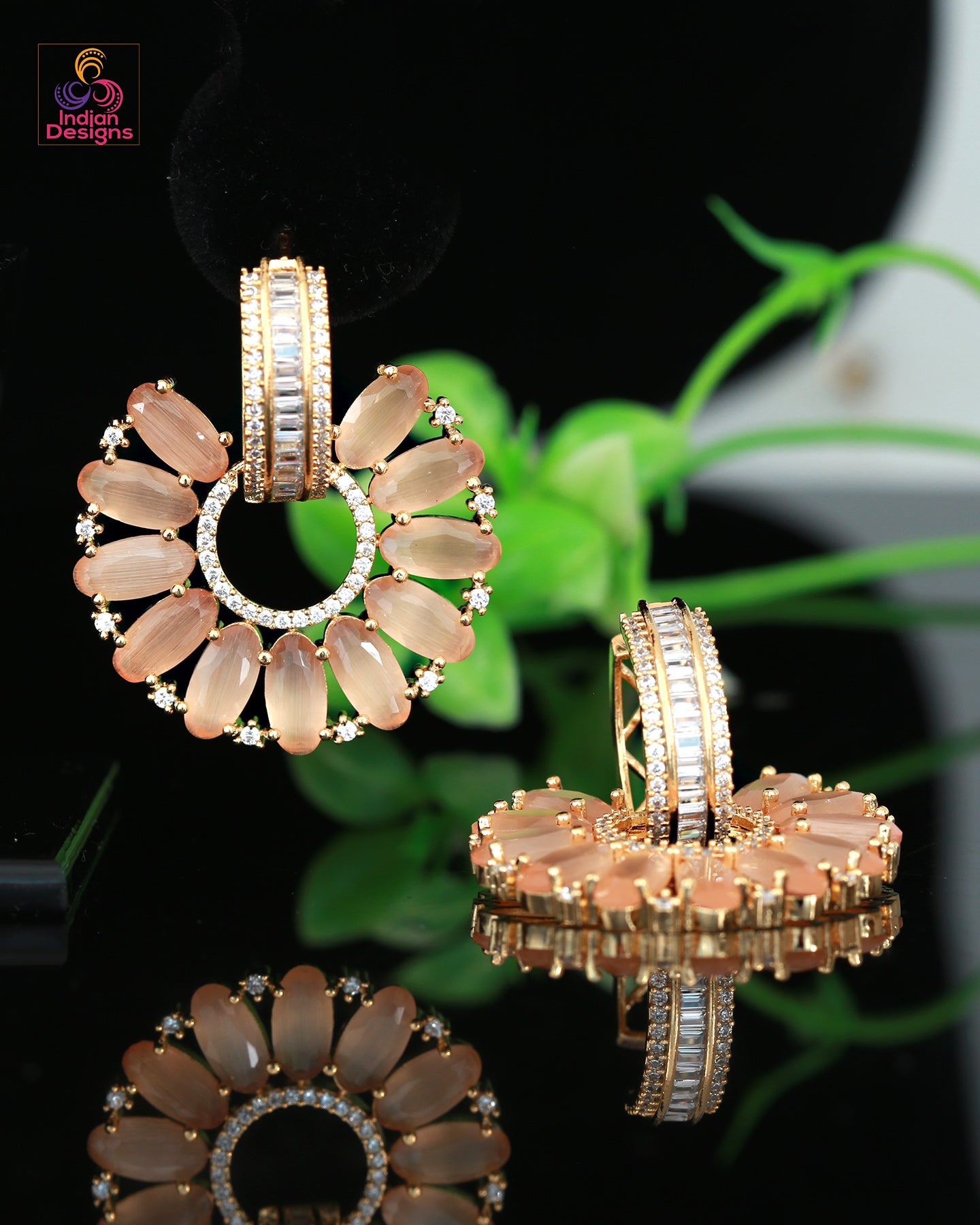 Pink and gold flower hoop earrings | American Diamond Luxury party Floral Earrings