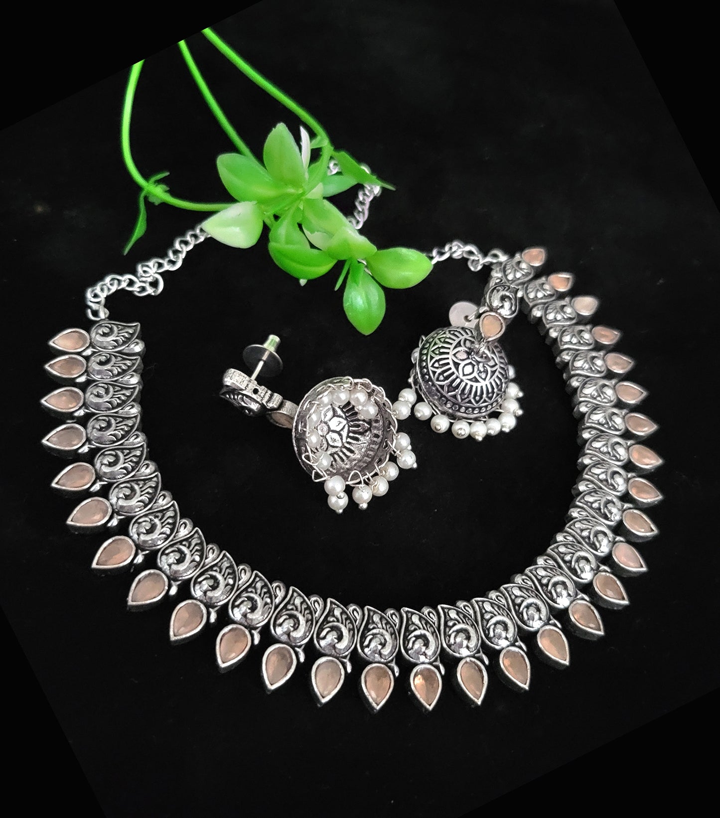 Antique Silver Polish Choker with Jhumka Earrings | Indian oxidized Silver choker necklace set