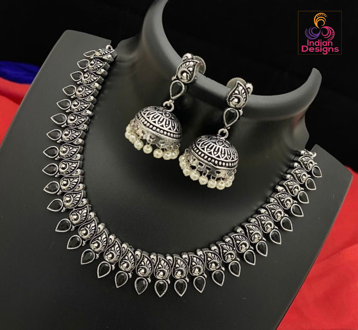 Antique Silver Polish Choker with Jhumka Earrings | Indian oxidized Silver choker necklace set