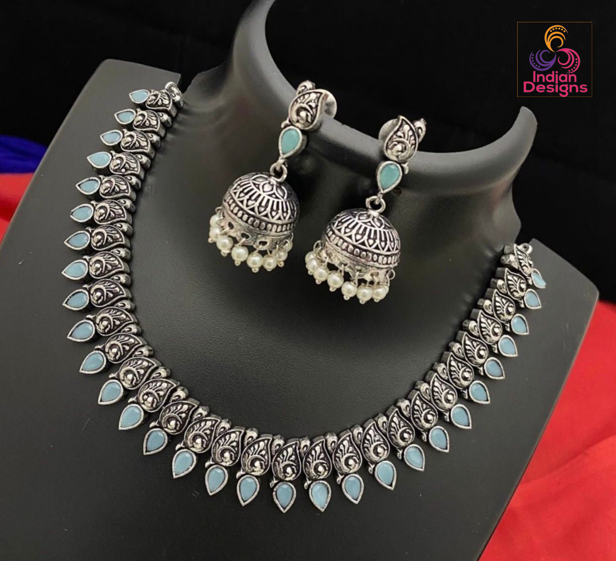 Antique Silver Polish Choker with Jhumka Earrings | Indian oxidized Silver choker necklace set