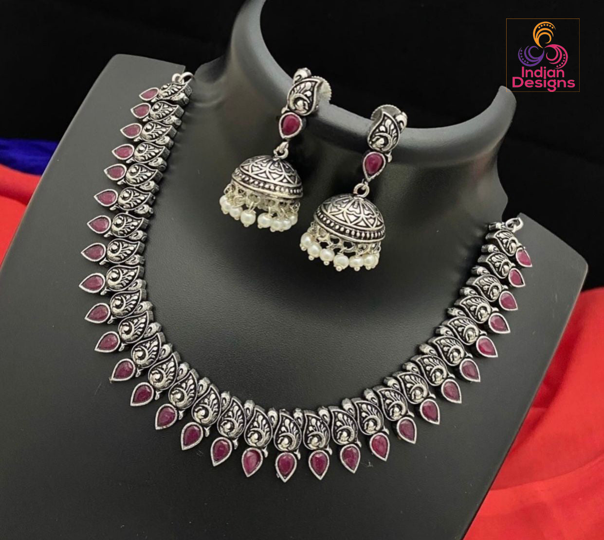 Antique Silver Polish Choker with Jhumka Earrings | Indian oxidized Silver choker necklace set