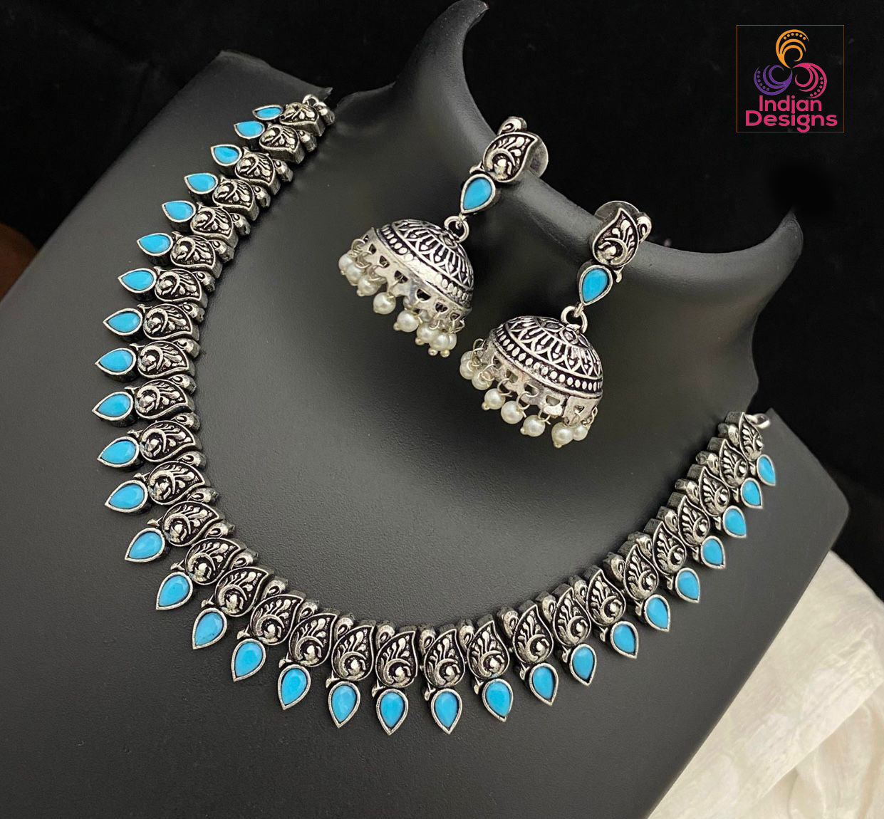 Antique Silver Polish Choker with Jhumka Earrings | Indian oxidized Silver choker necklace set