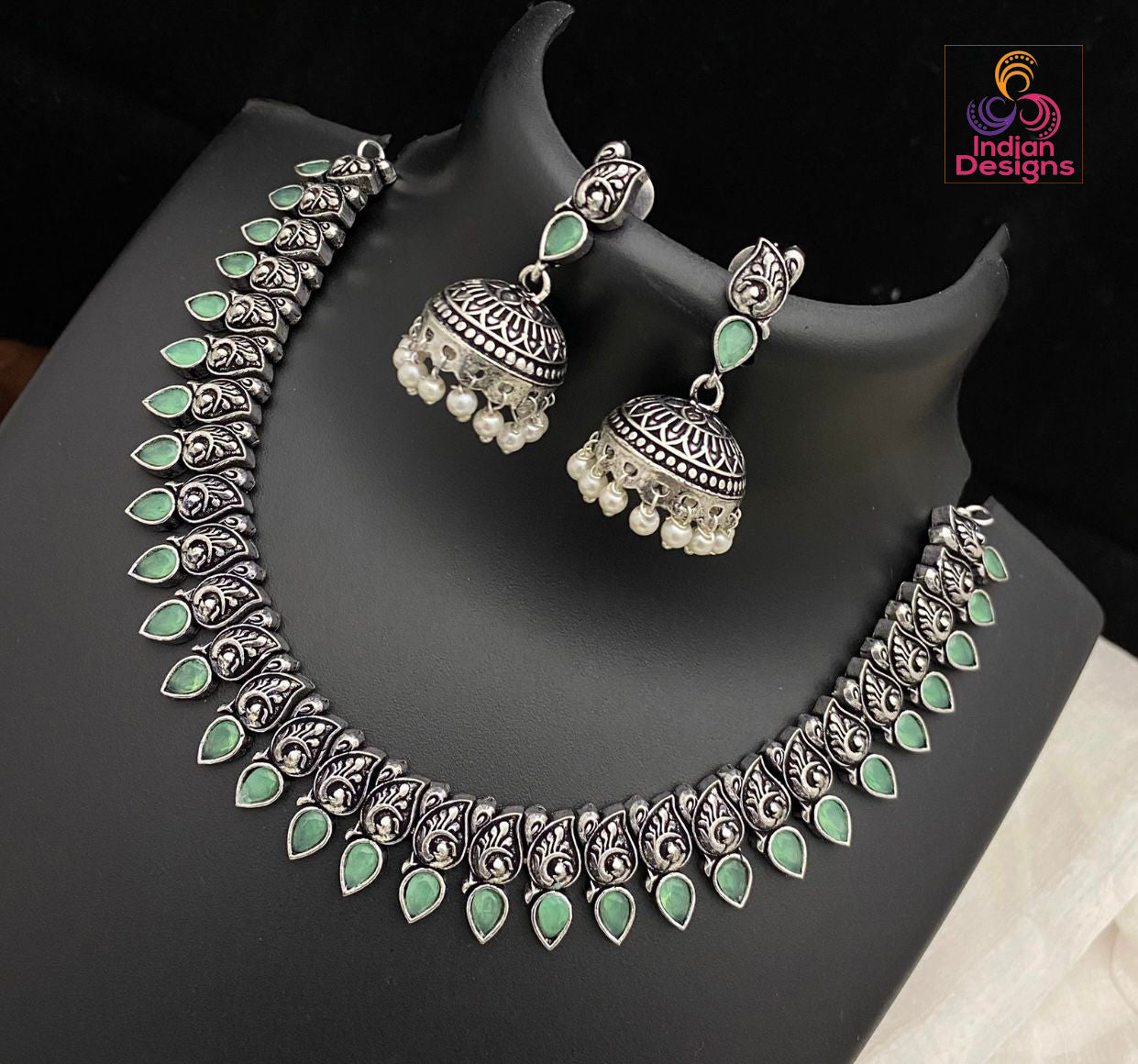 Antique Silver Polish Choker with Jhumka Earrings | Indian oxidized Silver choker necklace set
