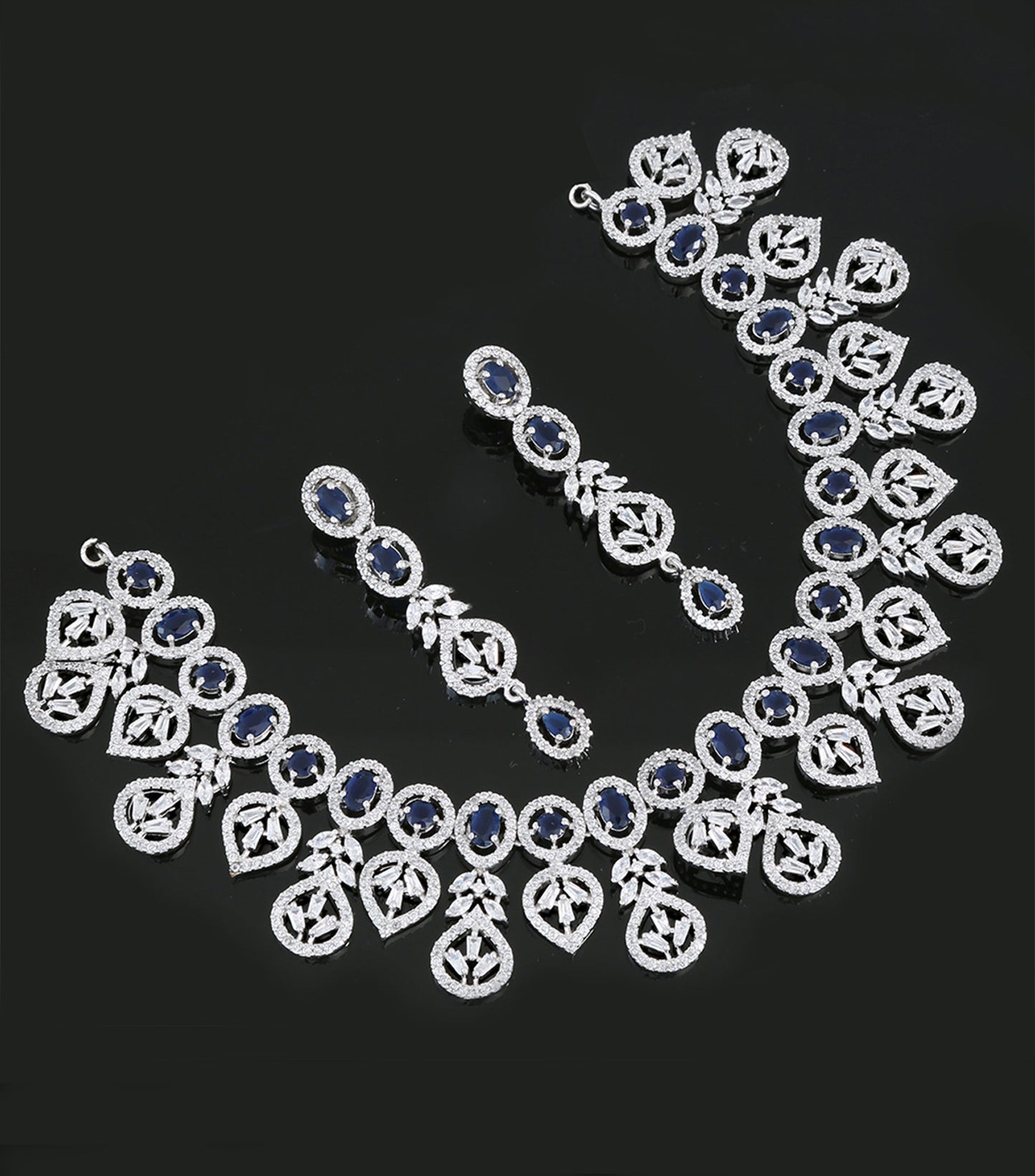 Blue Sapphire and Crystal Floral Necklace | American diamond Wedding Jewelry