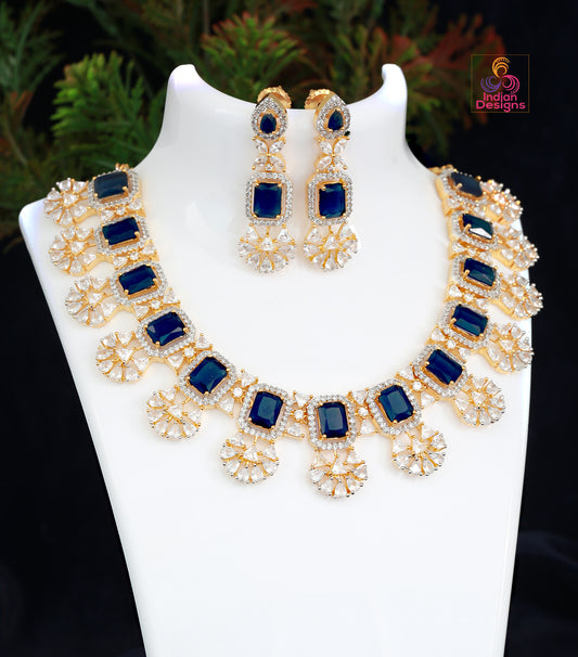 American Diamond Gold Plated Necklace Earring set Floral Design with Sapphire Blue Emerald cut stones