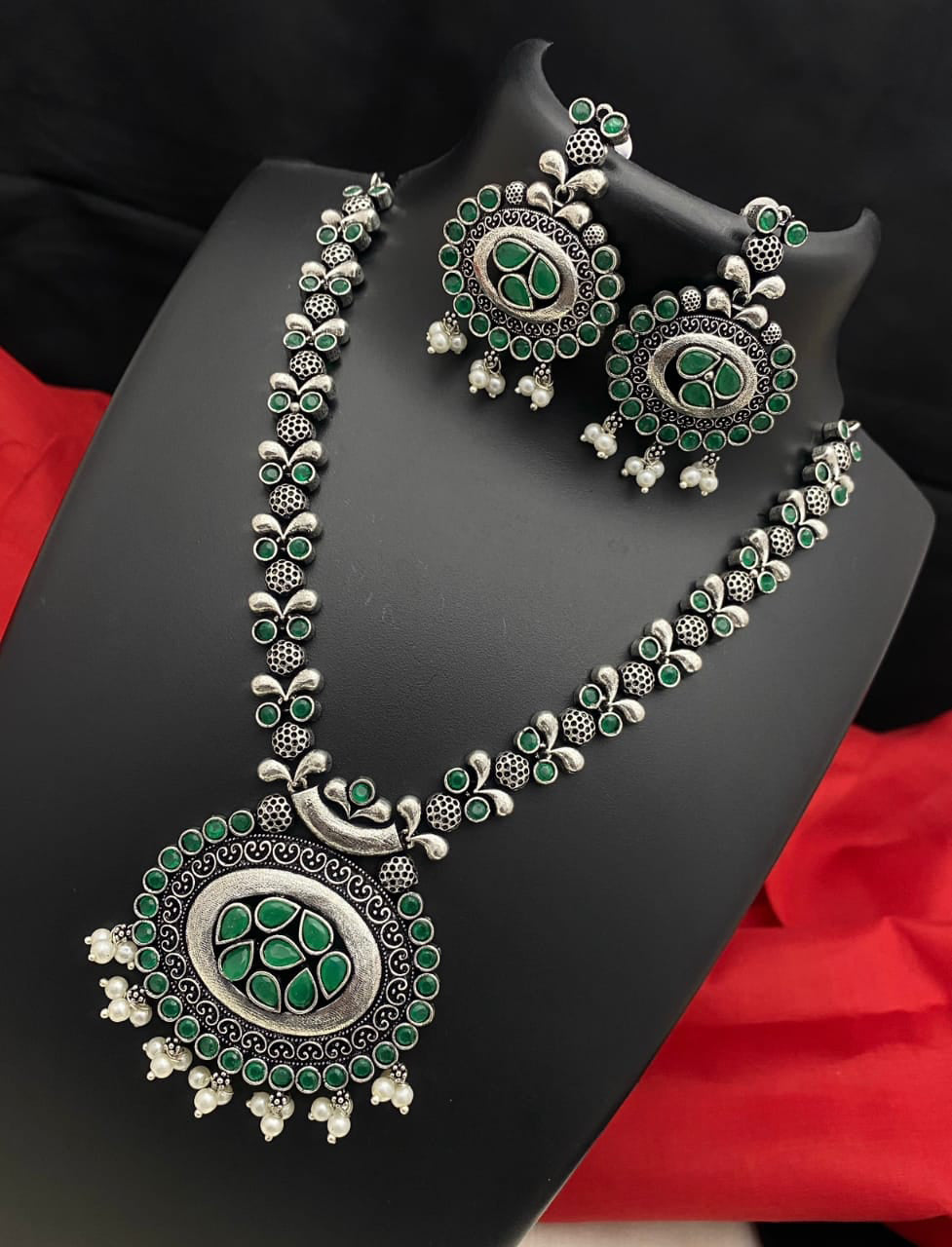Oxidized Indian Jewelry Necklace and Earrings | Indian Oxidised Silver look alike color stone necklace | German Silver Antique jewelry set