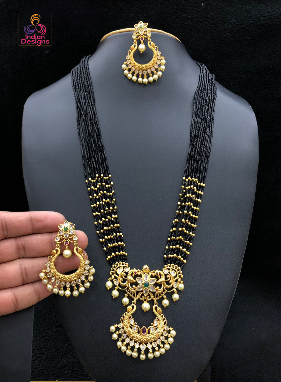 High Quality multi-strand Tiny beads necklace with matte gold polish CZ stone and pearl drops