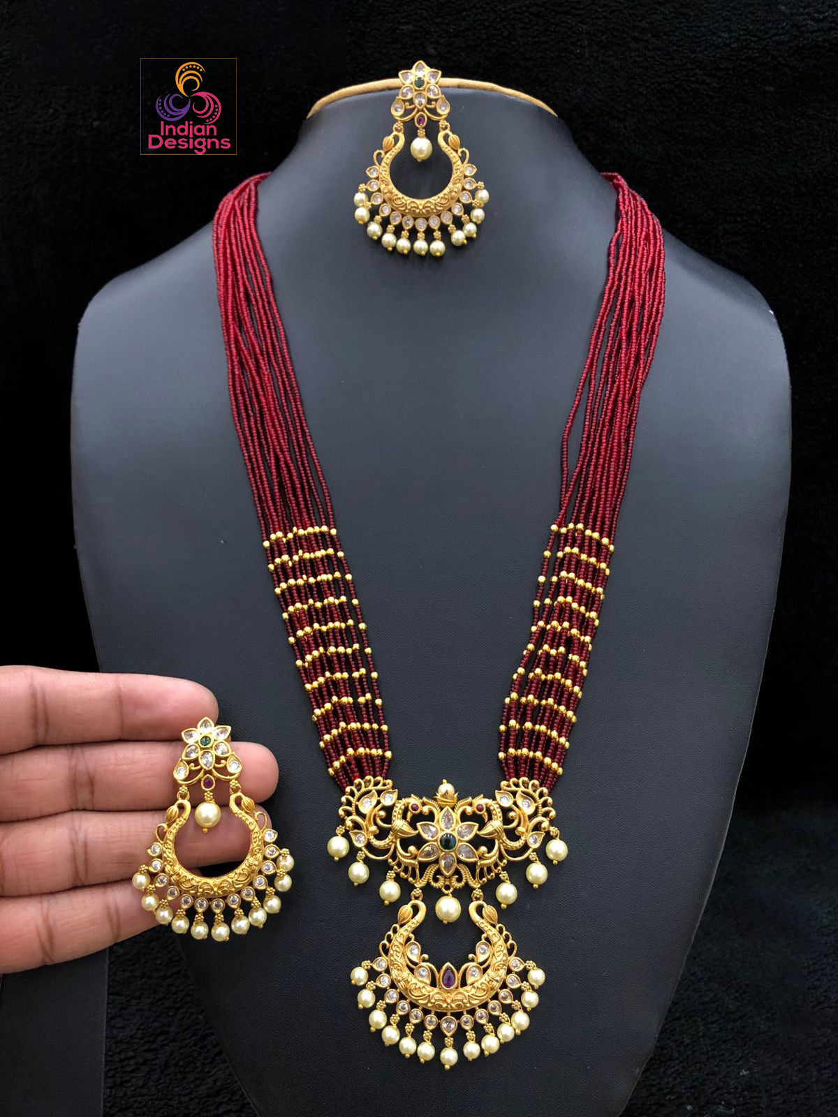 High Quality multi-strand Tiny beads necklace with matte gold polish CZ stone and pearl drops