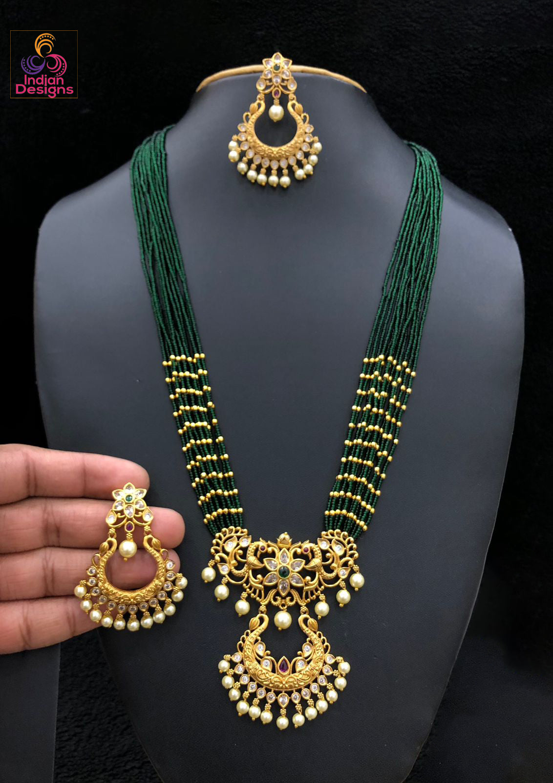 High Quality multi-strand Tiny beads necklace with matte gold polish CZ stone and pearl drops