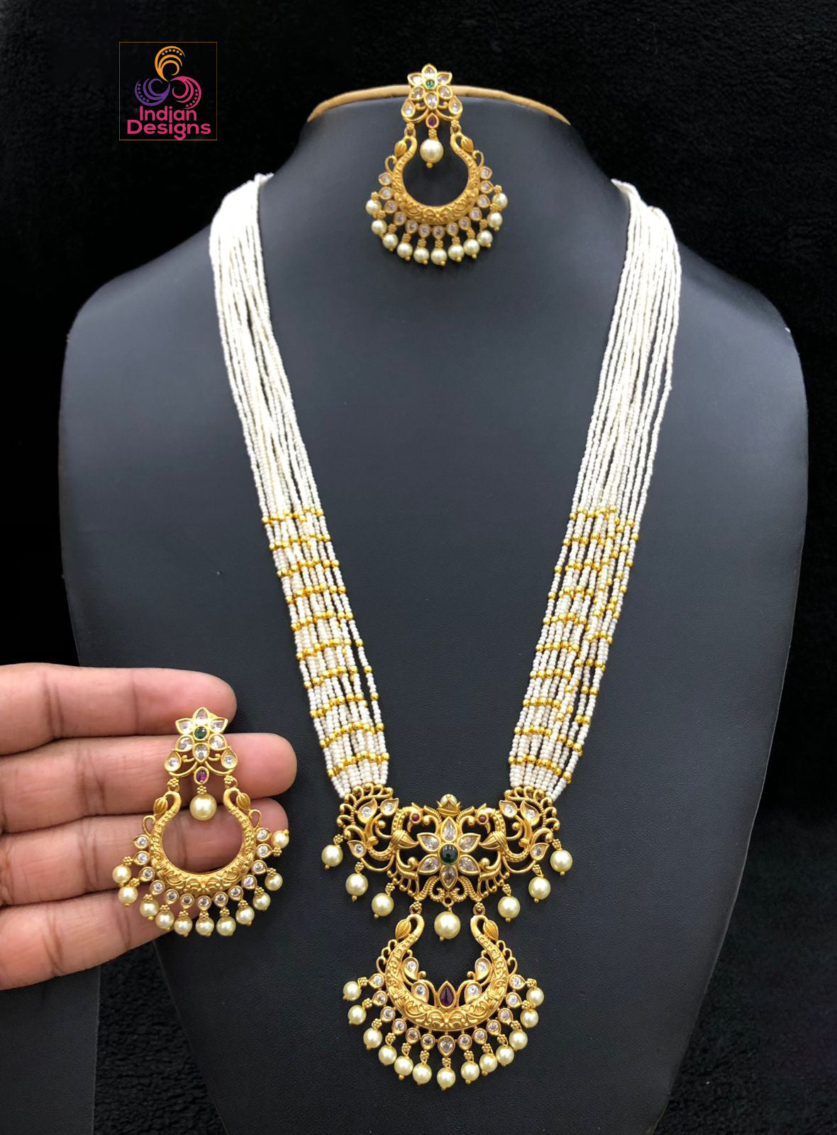 High Quality multi-strand Tiny beads necklace with matte gold polish CZ stone and pearl drops