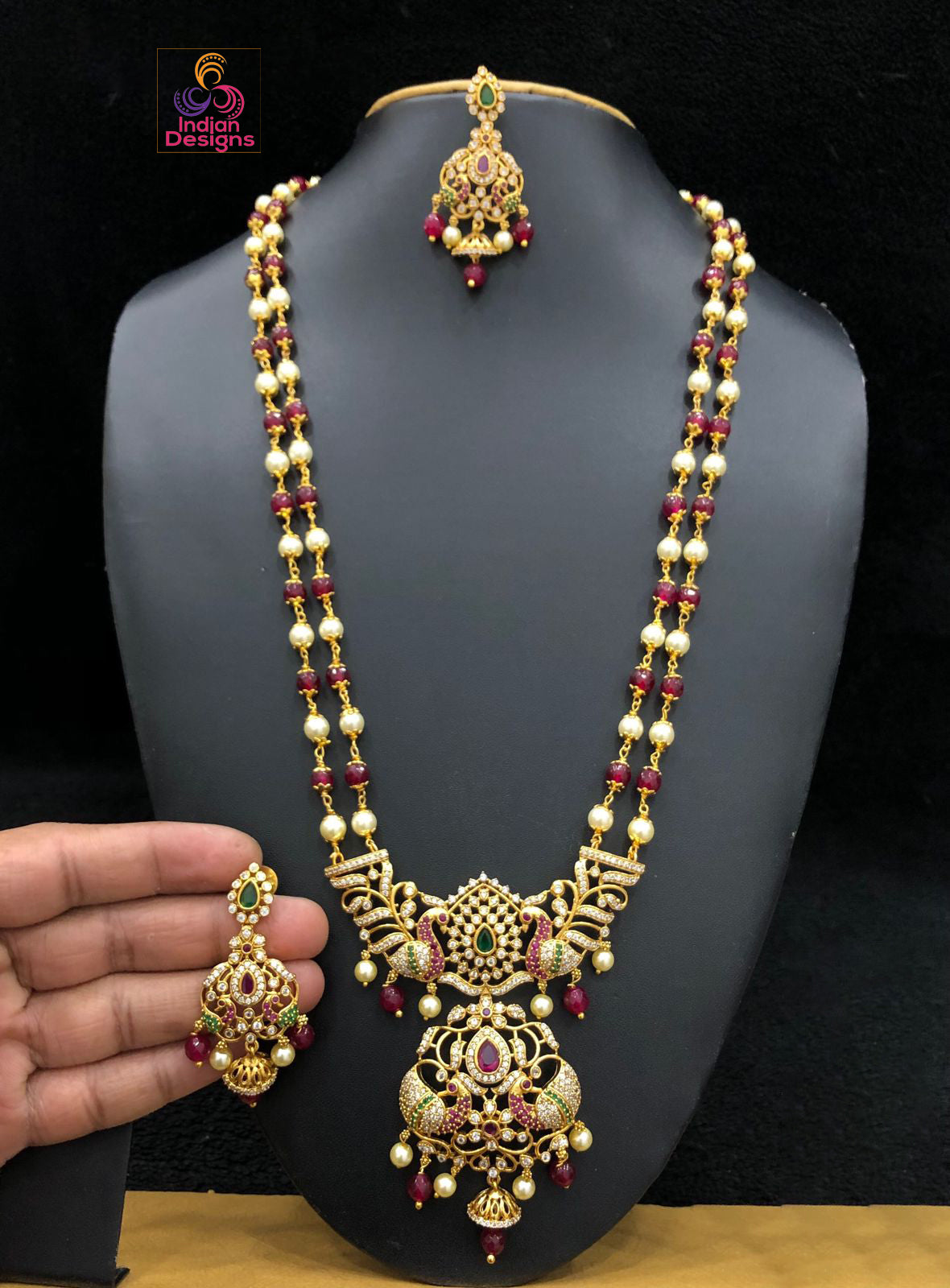 Matte Gold Polish high quality AD stone Pendant with semi precious Ruby Emerald and Pearl
