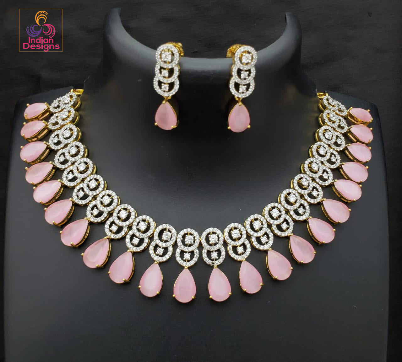 American Diamond Gold Plated Necklace | Pear shaped CZ Diamond Indian choker Set