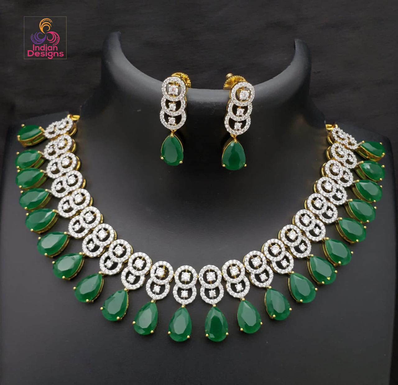 American Diamond Gold Plated Necklace | Pear shaped CZ Diamond Indian choker Set