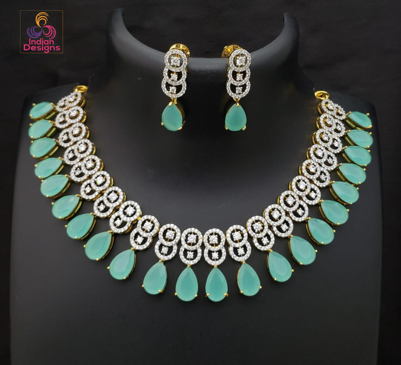 American Diamond Gold Plated Necklace | Pear shaped CZ Diamond Indian choker Set