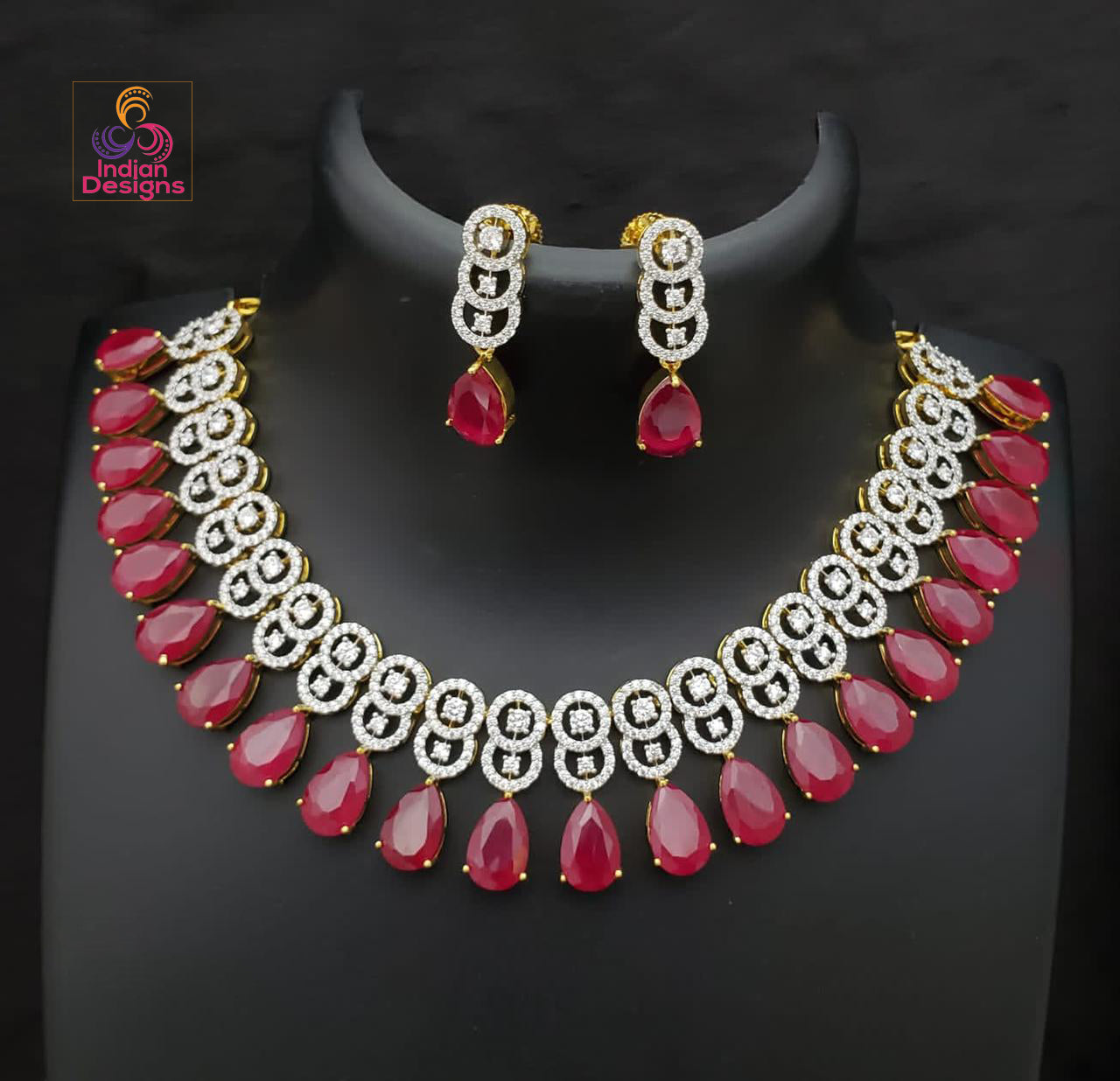 American Diamond Gold Plated Necklace | Pear shaped CZ Diamond Indian choker Set