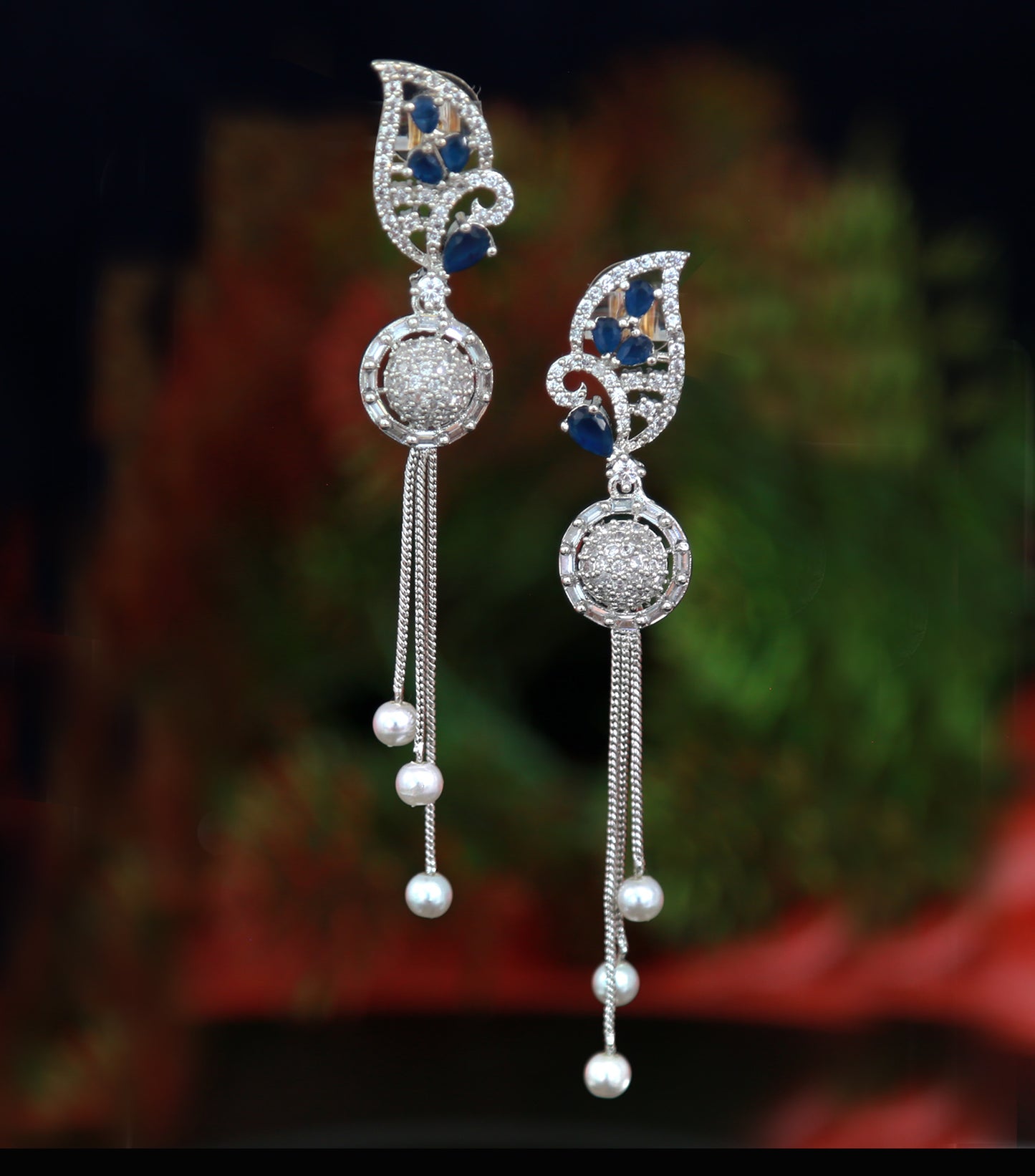 American Diamond Floral Design Silver Tone Earrings with Pearls and Color Stones