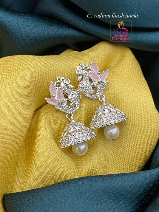 Silver tone Peacock Jhumka Earrings | Cute CZ Jhumka Jhumki color store Earrings