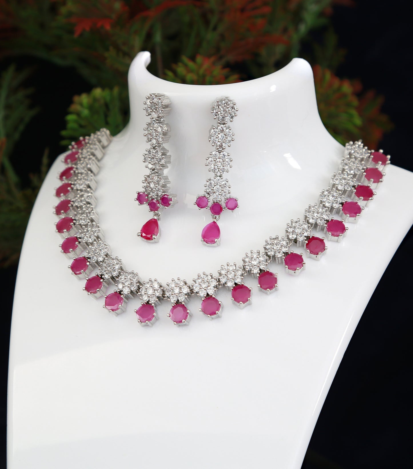 Silver CZ American Diamond necklace set | Color stone statement necklace | Necklace earrings for saree