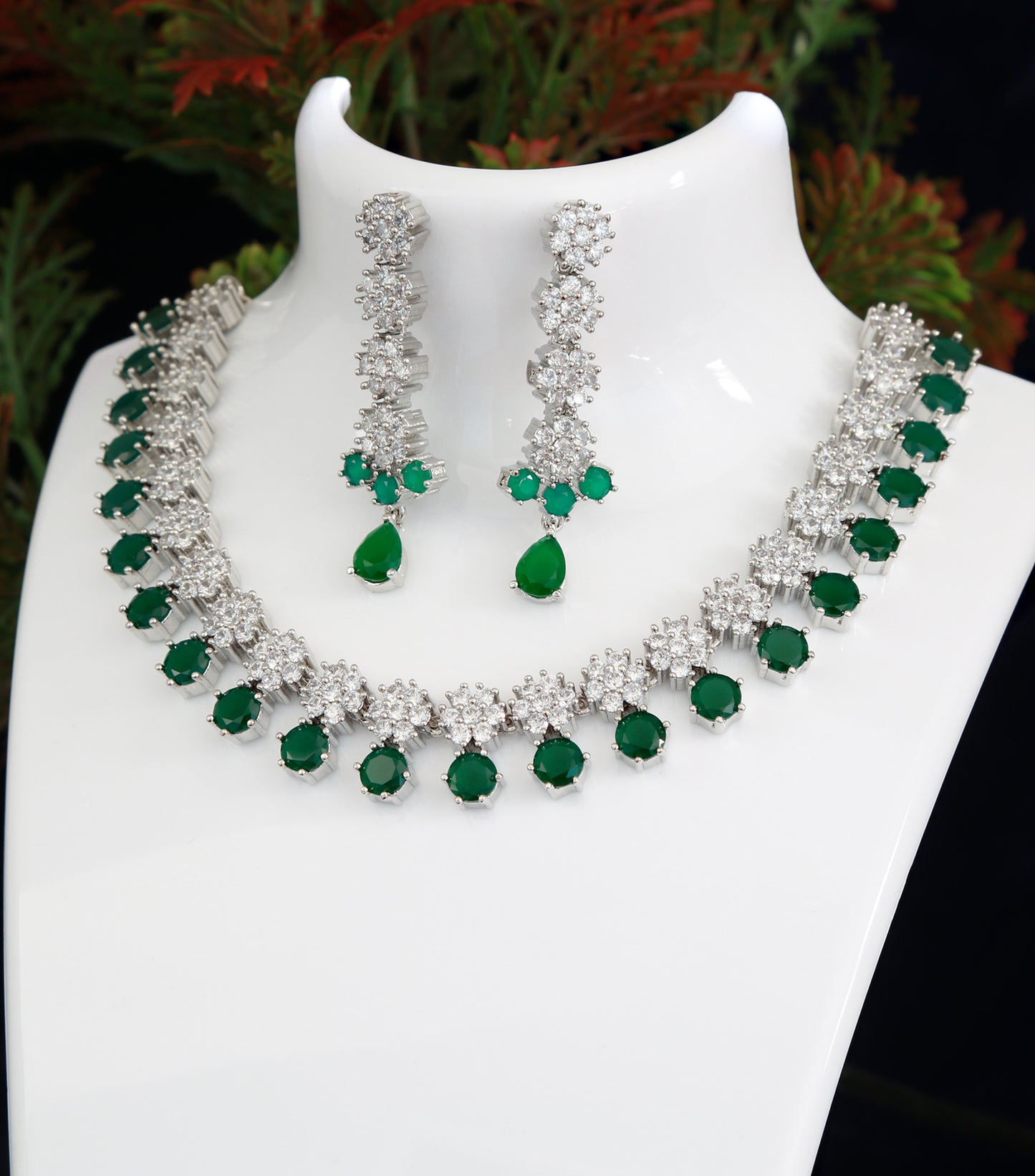 Silver CZ American Diamond necklace set | Color stone statement necklace | Necklace earrings for saree