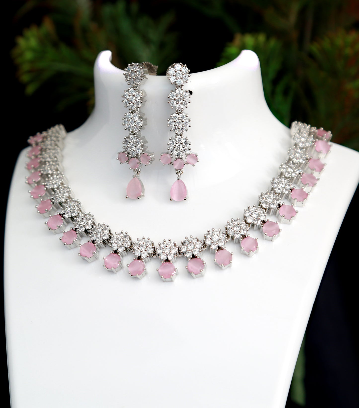 Silver CZ American Diamond necklace set | Color stone statement necklace | Necklace earrings for saree