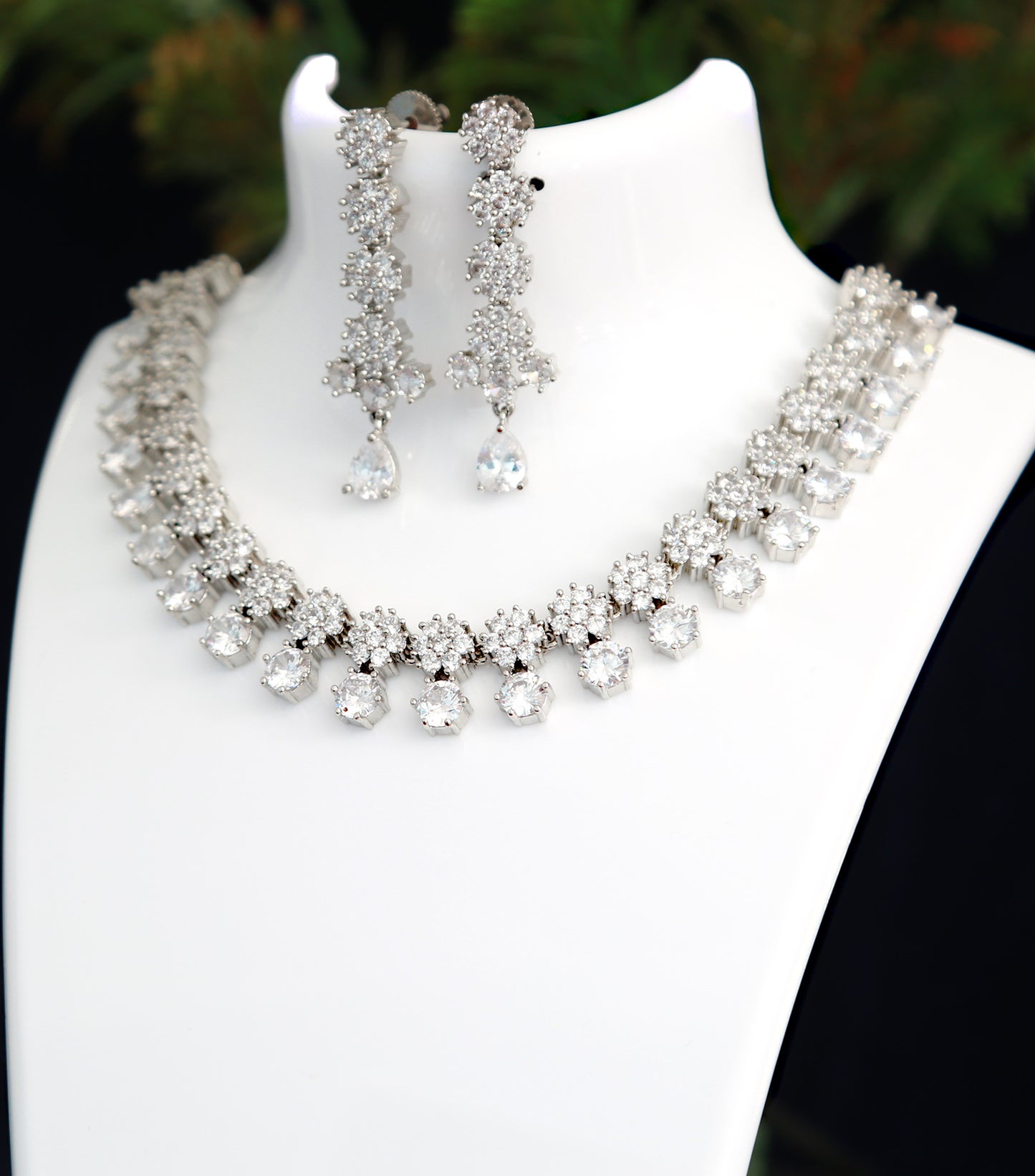 Silver CZ American Diamond necklace set | Color stone statement necklace | Necklace earrings for saree