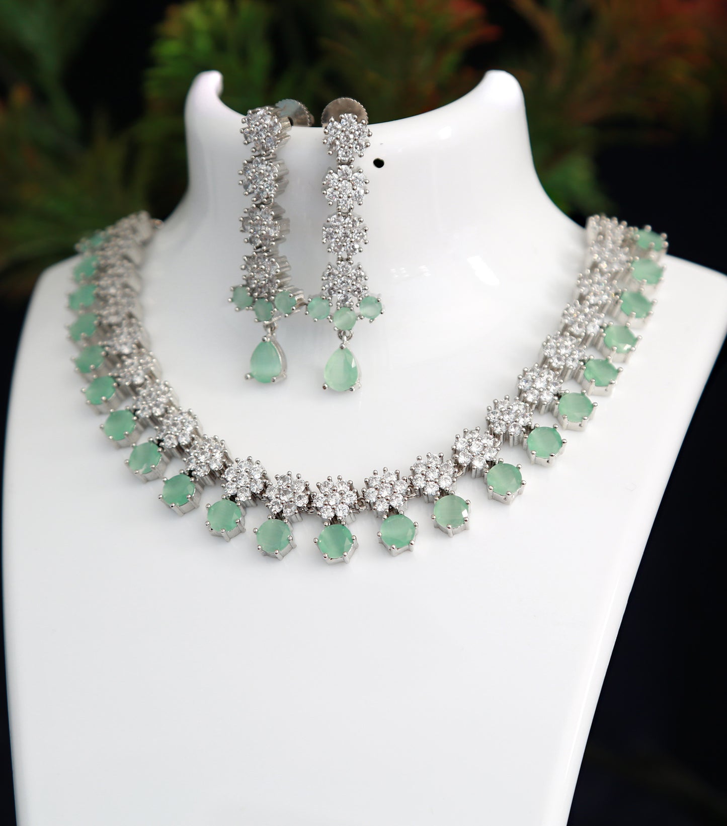 Silver CZ American Diamond necklace set | Color stone statement necklace | Necklace earrings for saree
