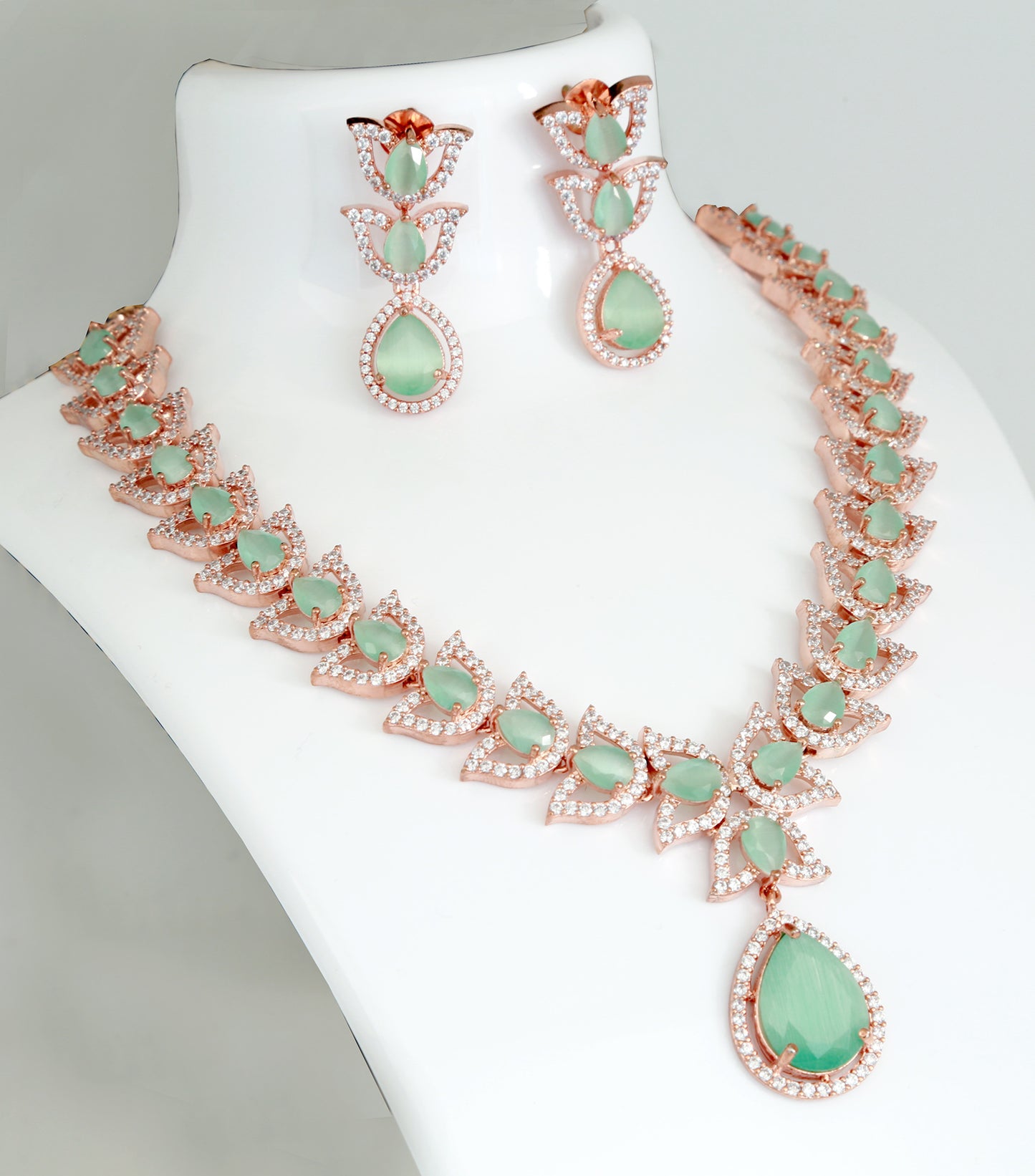 Rose gold American Diamond Mint Green Necklace and Earring set