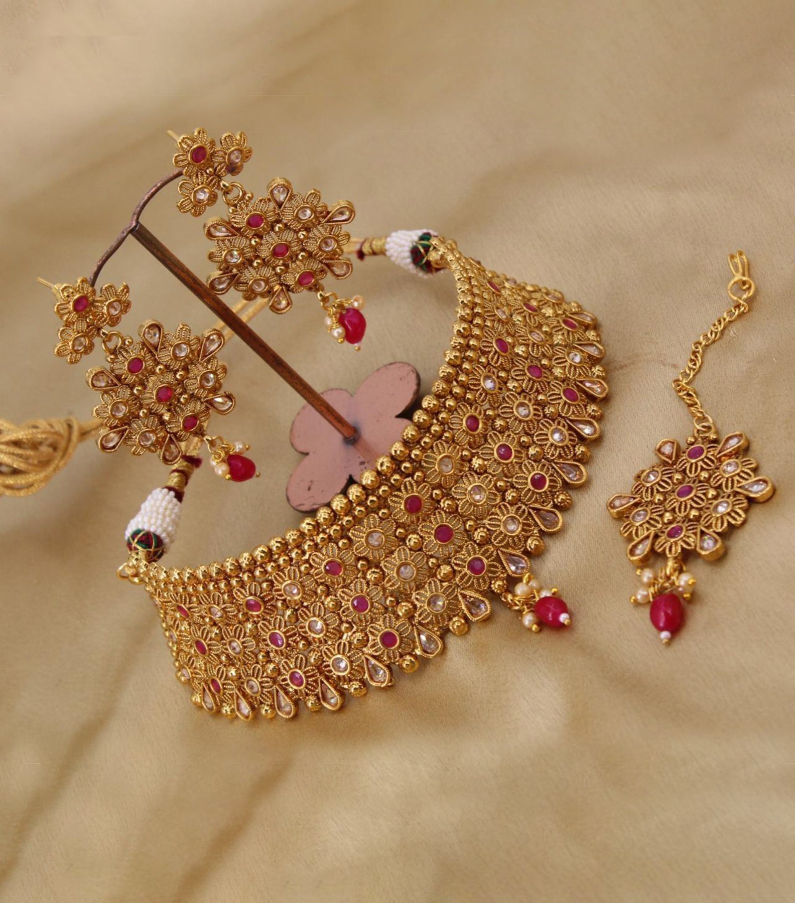 Traditional Matte Gold choker necklace with Earrings and Mango