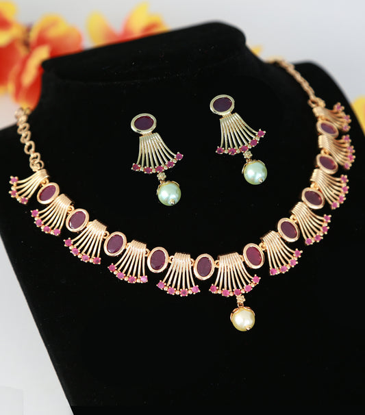 Unique Designs Gold plated Necklace with Oval shaped ruby Stone and Pearl Pendant