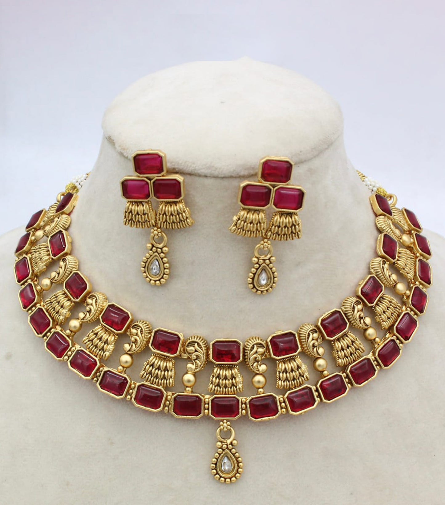 Matte Gold Finish Rajwadi Choker Necklace with Monalisa glass stones | bollywood choker necklace set