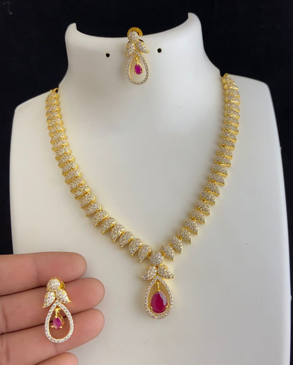 Gold-plated American diamond necklace set with earrings | South Style Indian wedding jewelry | Ruby emerald stone Cz necklace & earring set