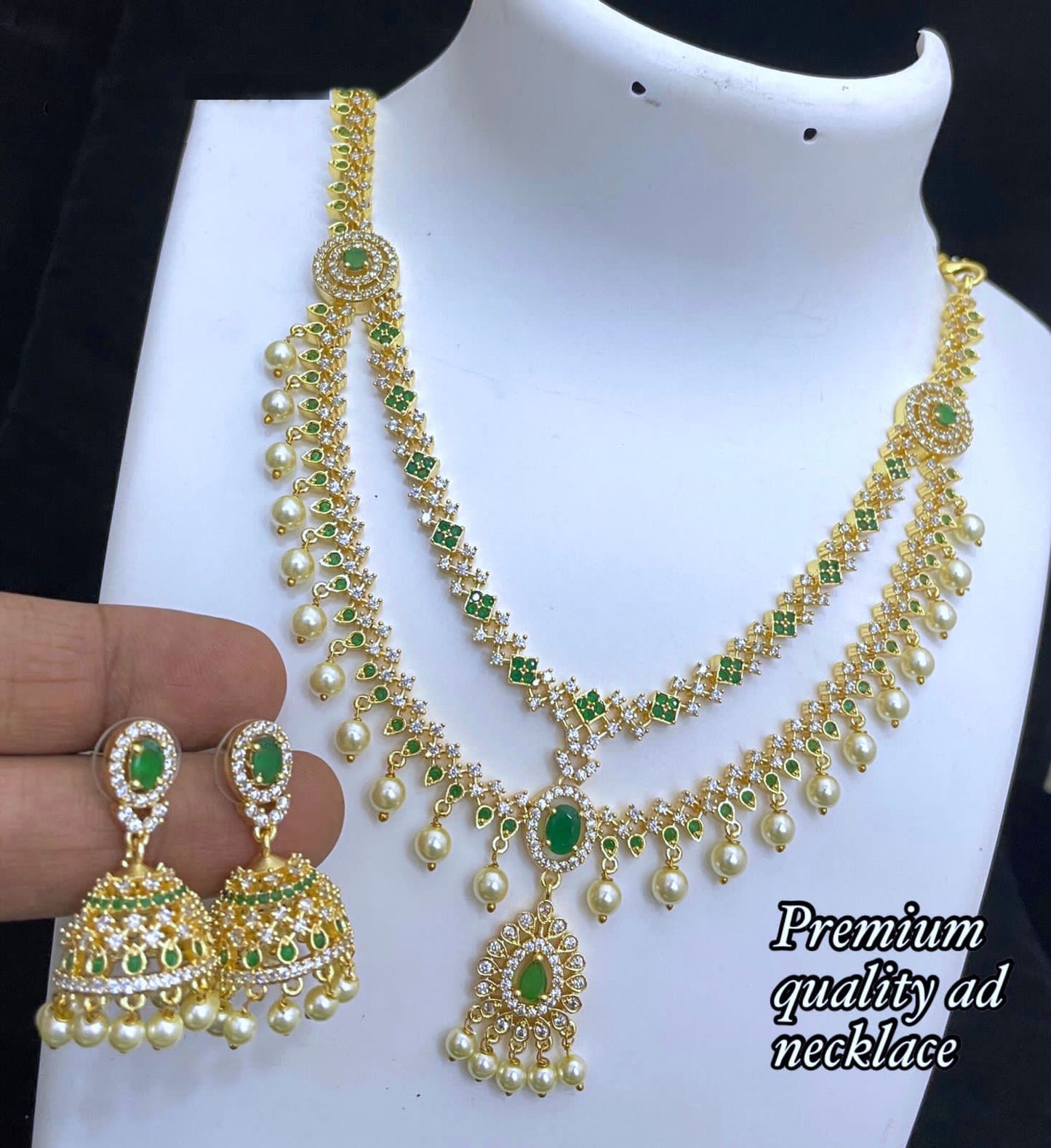 Gorgeous American Diamond Two layer necklace with pearl drops | South Indian style AD color stone Jewelry | Ruby Emerald Crystal Necklace
