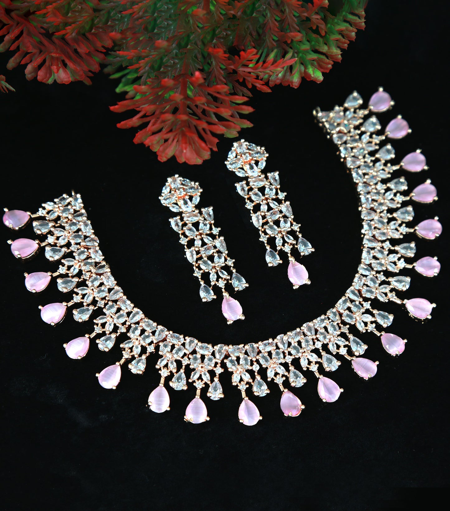 Rose gold American diamond necklace | High Quality CZ Diamonds Mint Green stone Necklace Earrings Set