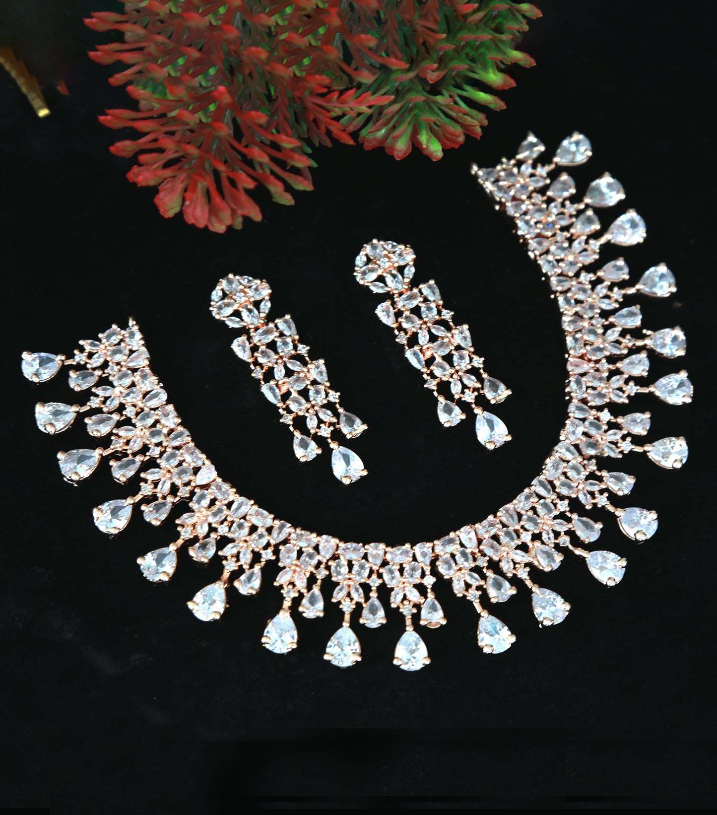 Rose gold American diamond necklace | High Quality CZ Diamonds Mint Green stone Necklace Earrings Set