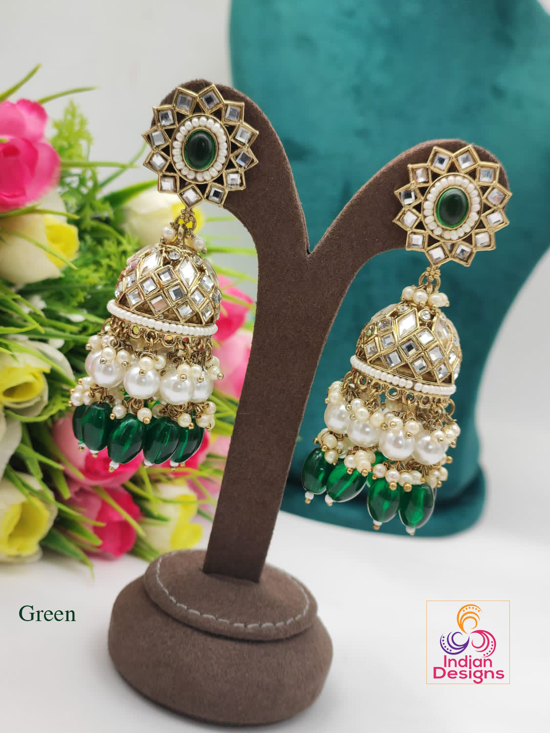 Designer Bollywood party wear Long Kundan Jhumka With Color beads and Pearl drops