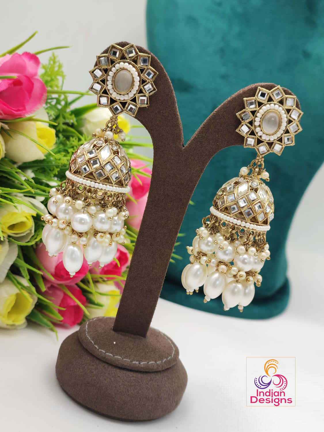 Designer Bollywood party wear Long Kundan Jhumka With Color beads and Pearl drops