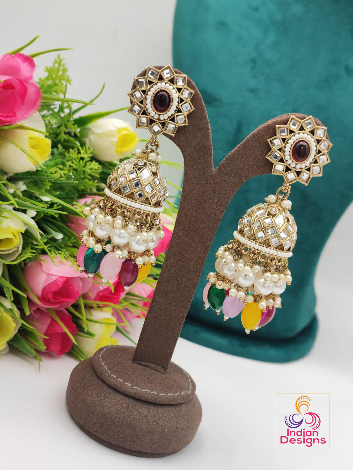 Designer Bollywood party wear Long Kundan Jhumka With Color beads and Pearl drops