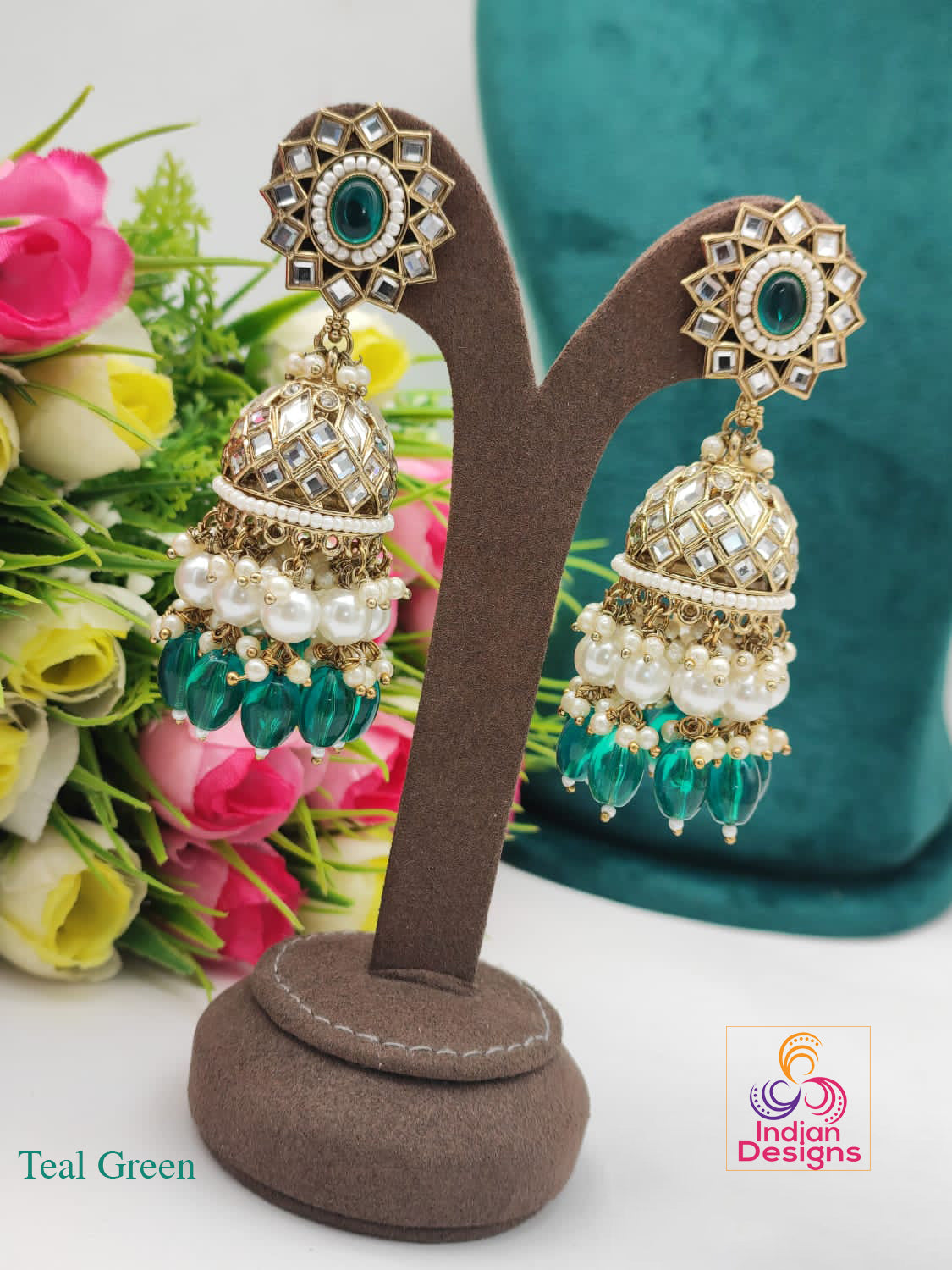 Designer Bollywood party wear Long Kundan Jhumka With Color beads and Pearl drops
